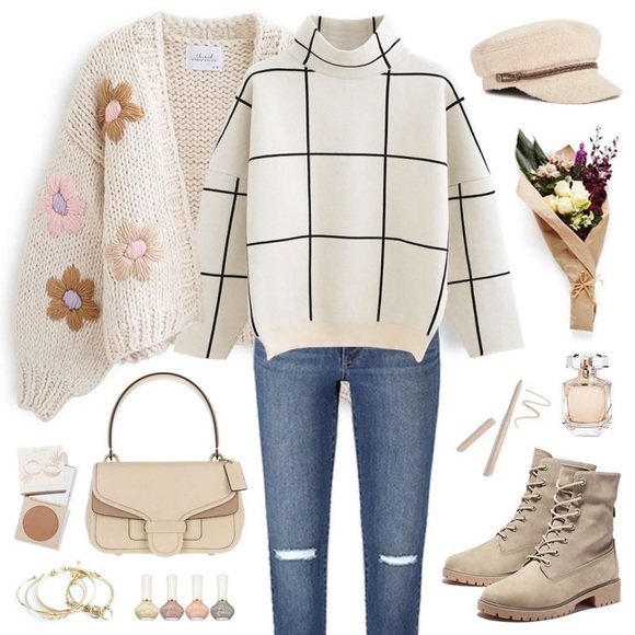 Chic Wish Drop Shoulder Wool Mock Neck Sweater Grid Turtleneck Windowpane - Picture 9 of 15